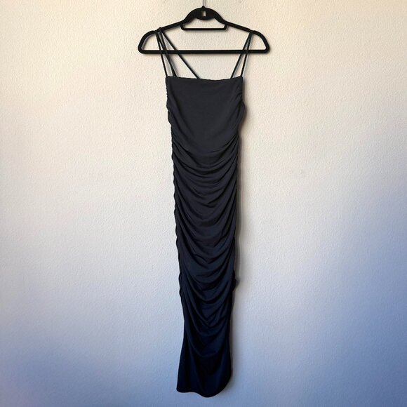 Abercrombie & Fitch Black Asymmetrical Strappy Ruched Midi Dress Size S - Picture 2 of 6